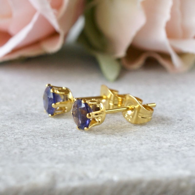 Handmade】ブルー アイオライト スタッドピアス サージカルステンレス 