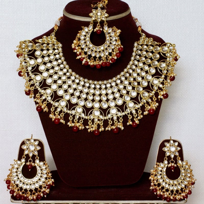 インドジュエリーセット（マルーンレッド）クンダンスタイル