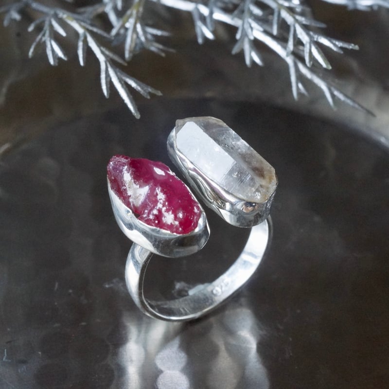 ルビー/ハーキマーダイヤモンド（水晶） ラフカット（原石）リング