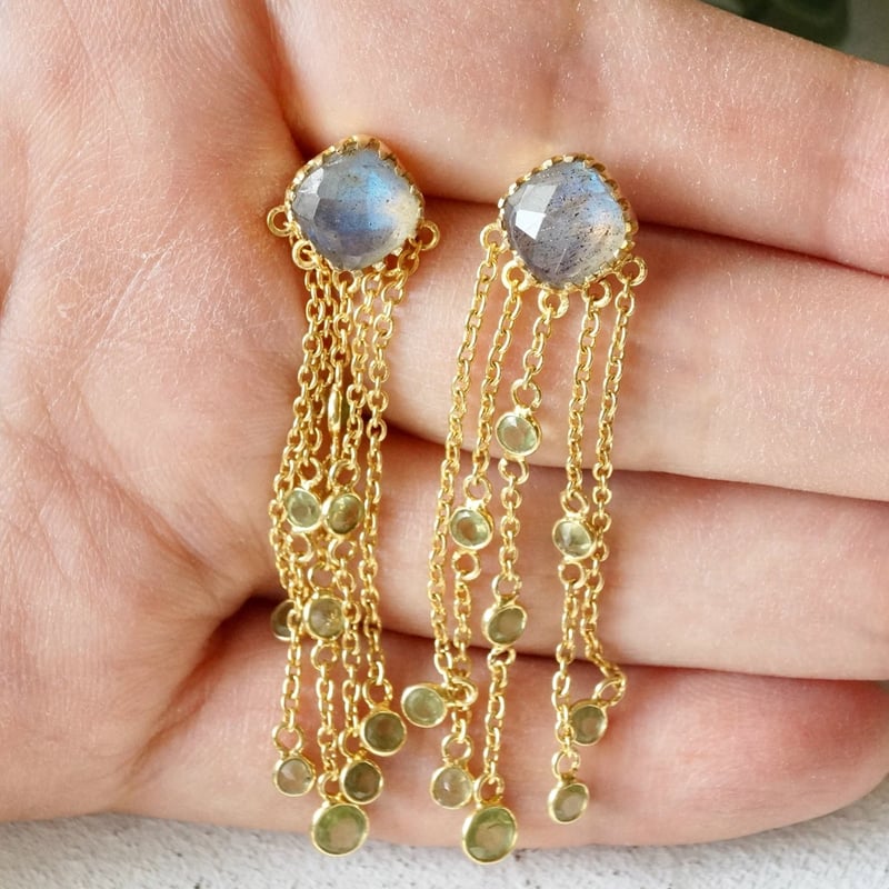 ブルーシラー ラブラドライト シャンデリア スタッドピアス 18k 