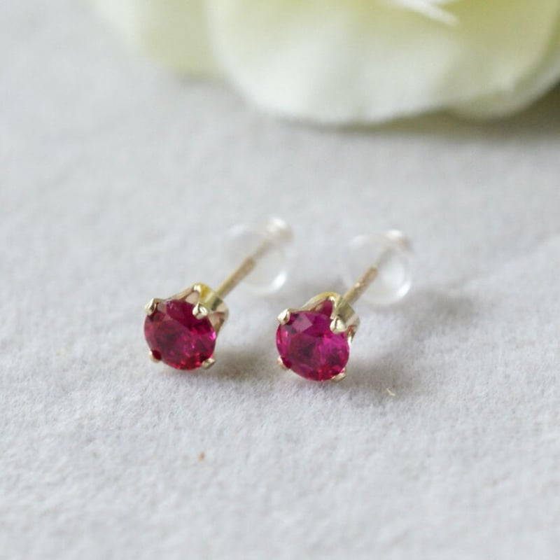 Handmade】合成ルビー スタッドピアス 14kゴールドフィルド製 4mm