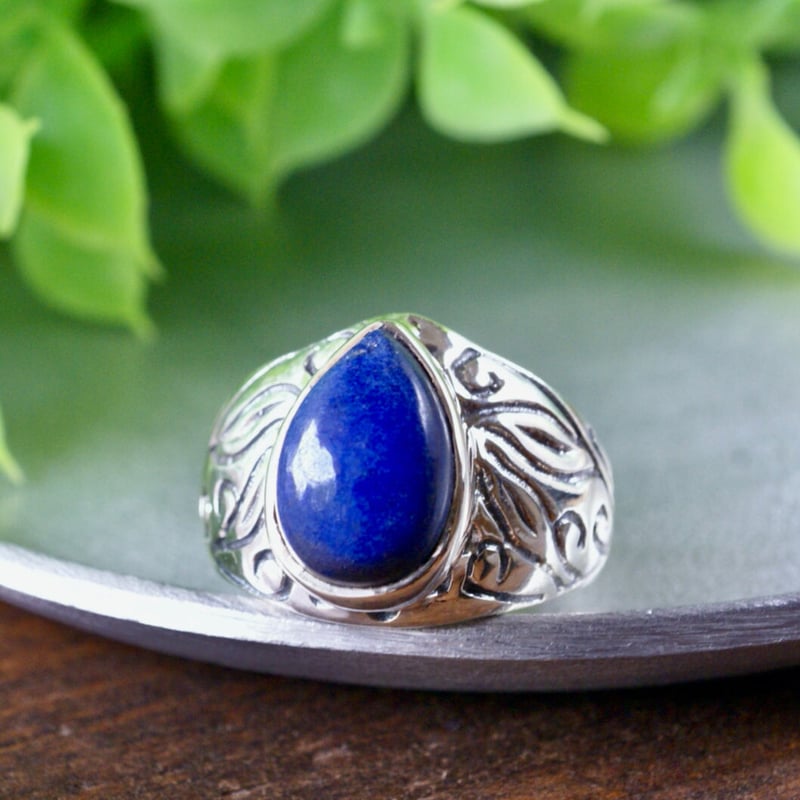 ブルー ラピスラズリ リーフモチーフリング シルバー925 約12号（sv