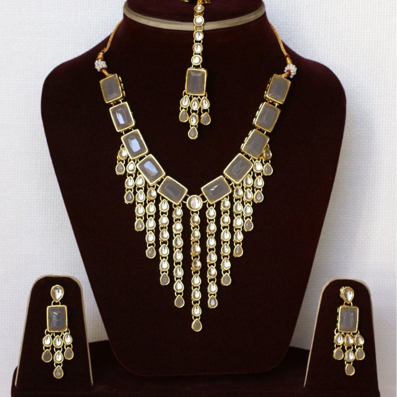 ☆インドジュエリーセット（グレージュ）クンダンスタイル ネックレス