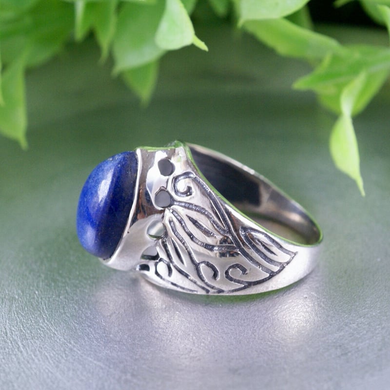 ブルー ラピスラズリ リーフモチーフリング シルバー925 約12号（sv