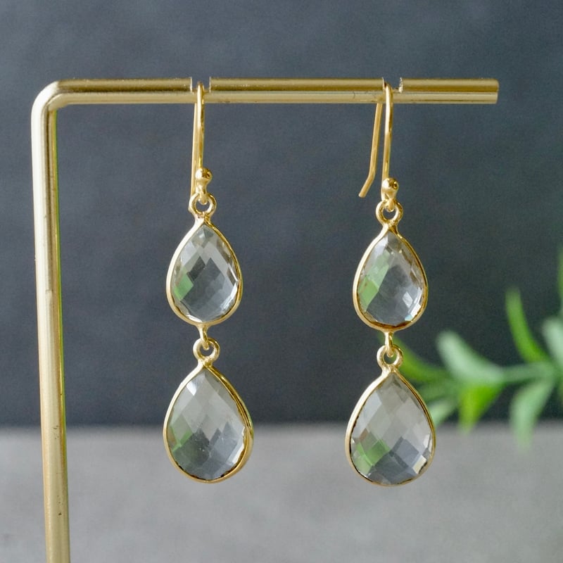 インドグリーン宝石ピアス フックピアス K10イエローゴールド シンセグリーンクォーツ