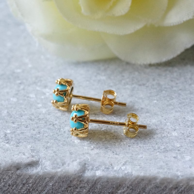 Handmade】アリゾナターコイズ クラウンモチーフ スタッドピアス 18k