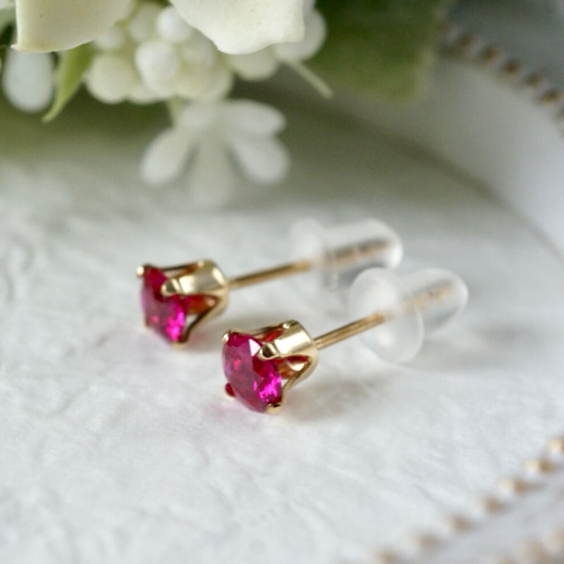Handmade】合成ルビー スタッドピアス 14kゴールドフィルド製 4mm