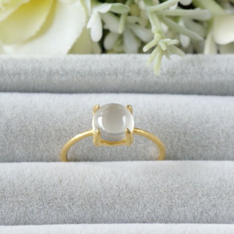 ムーンストーン、メレダイヤ付きゴールドリング18K Handmade】ムーンストーンキャッツアイ 7号〜フリーサイズリング 18k