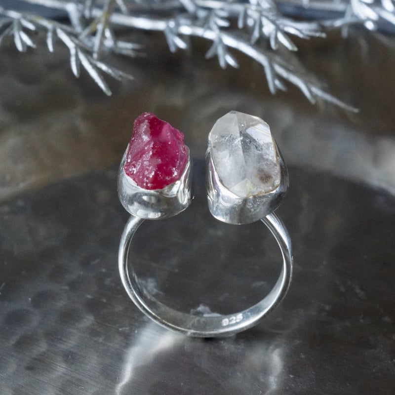 ルビー/ハーキマーダイヤモンド（水晶） ラフカット（原石）リング