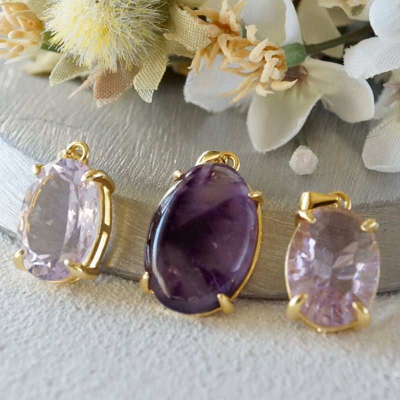 maumaumau14kgfピンクアメジストコンケーブカットピアス Handmade】ピンクアメジスト コンケーブカット ペンダントトップ 18k