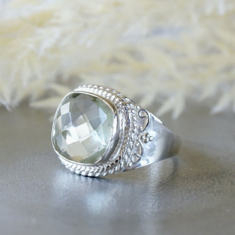 グリーンアメジスト チェッカーカットリング シルバー925 12号（sv-592