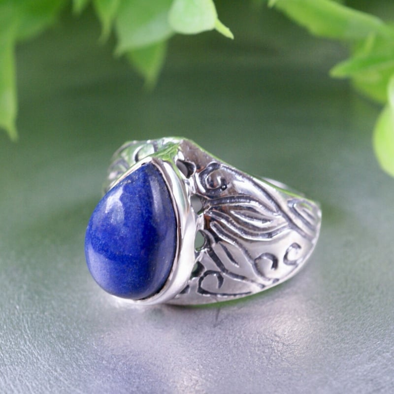 ブルー ラピスラズリ リーフモチーフリング シルバー925 約12号（sv