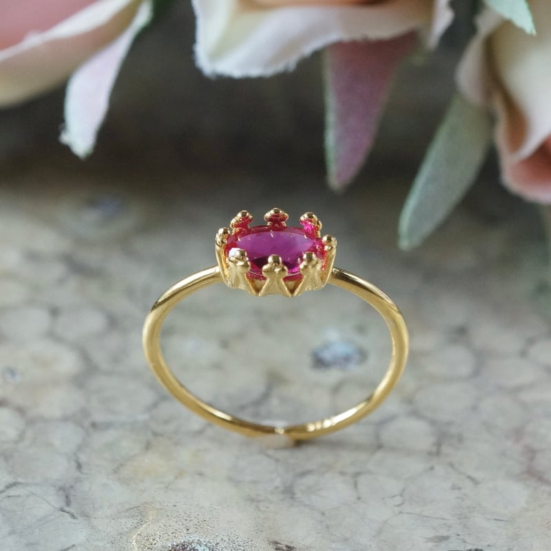 Handmade】合成ルビー クラウンモチーフ 7号〜フリーサイズリング 18k