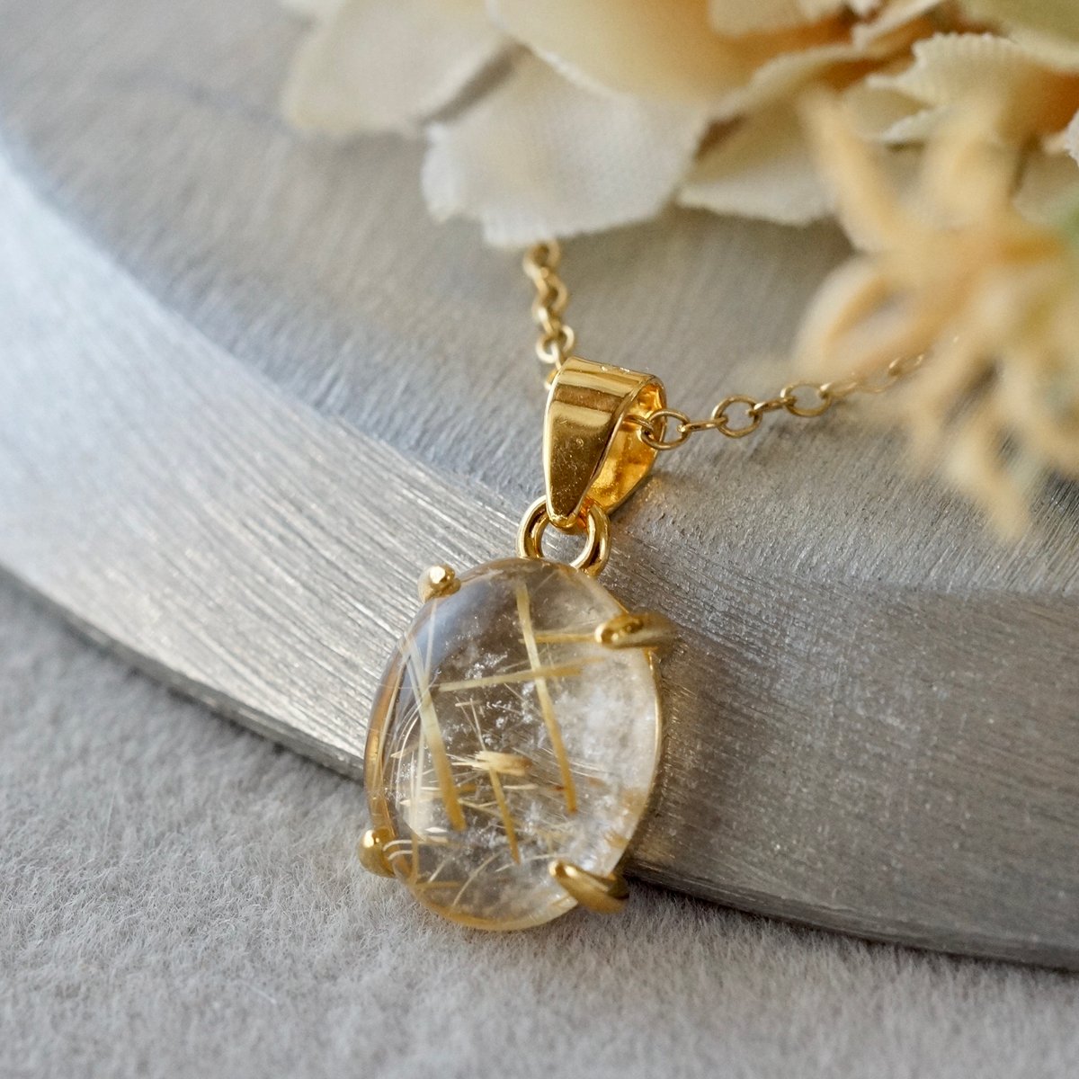 Handmade】ルチルクォーツ ペンダントトップ 18kゴールドプレーテド 
