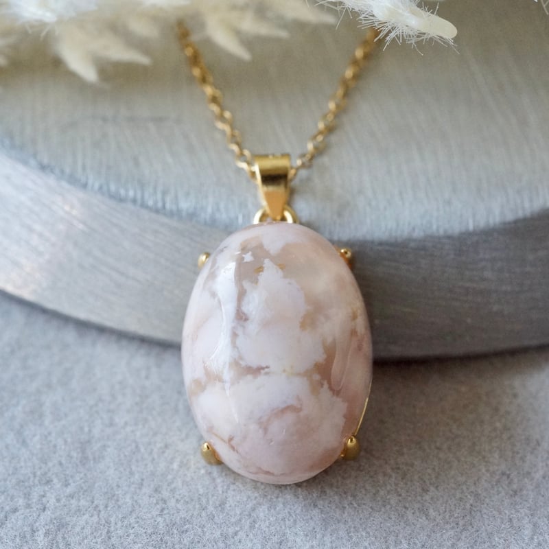 Handmade】桜メノウ ペンダントトップ 18kゴールドプレーテド シルバー