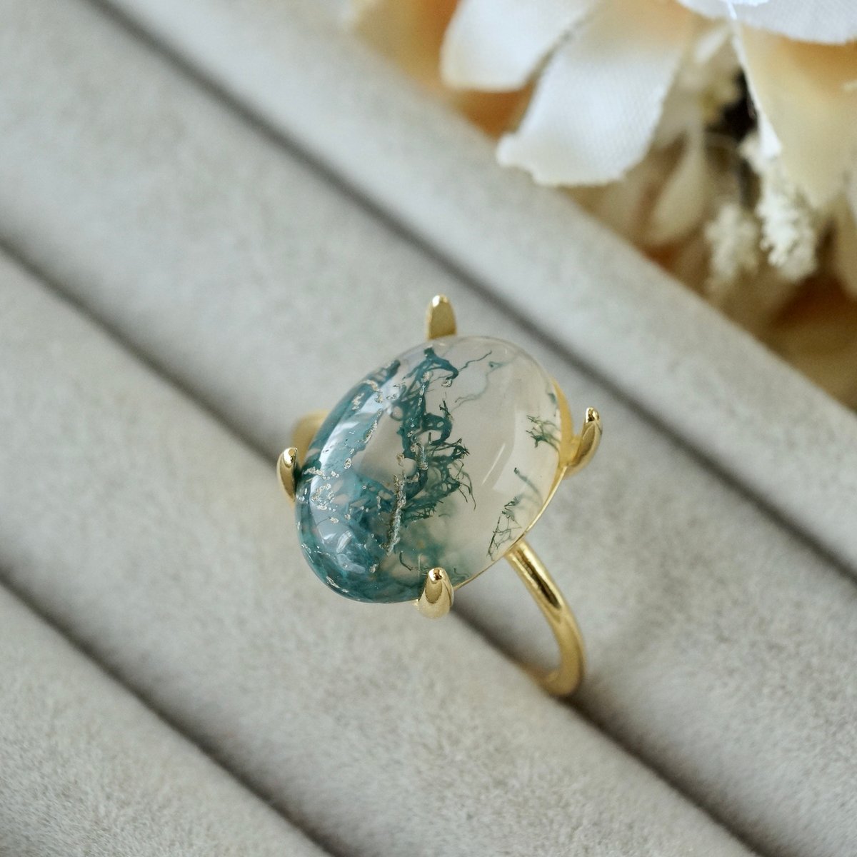 天然石リング、天然モスアゲート、シルバー925 指輪、植物モチーフ リング 自然との繋がり・農耕民族守護石🌿】1点物 高品質モスアゲート苔メノウ