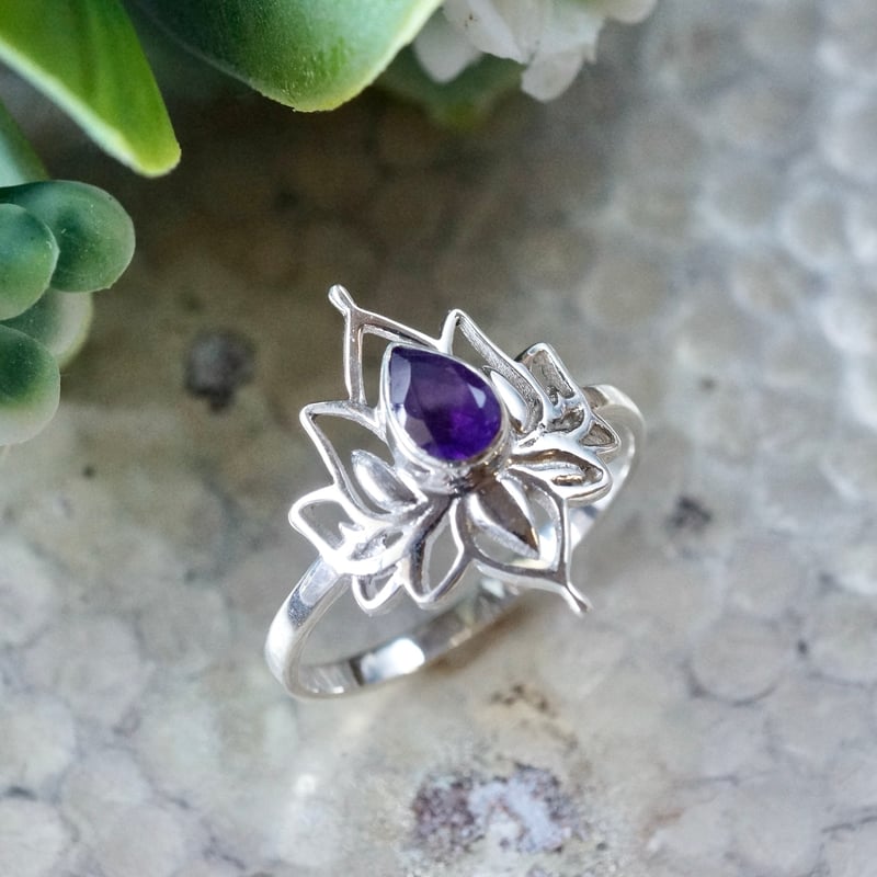 パープル アメジスト ロータスモチーフ リング シルバー925 約14.5号