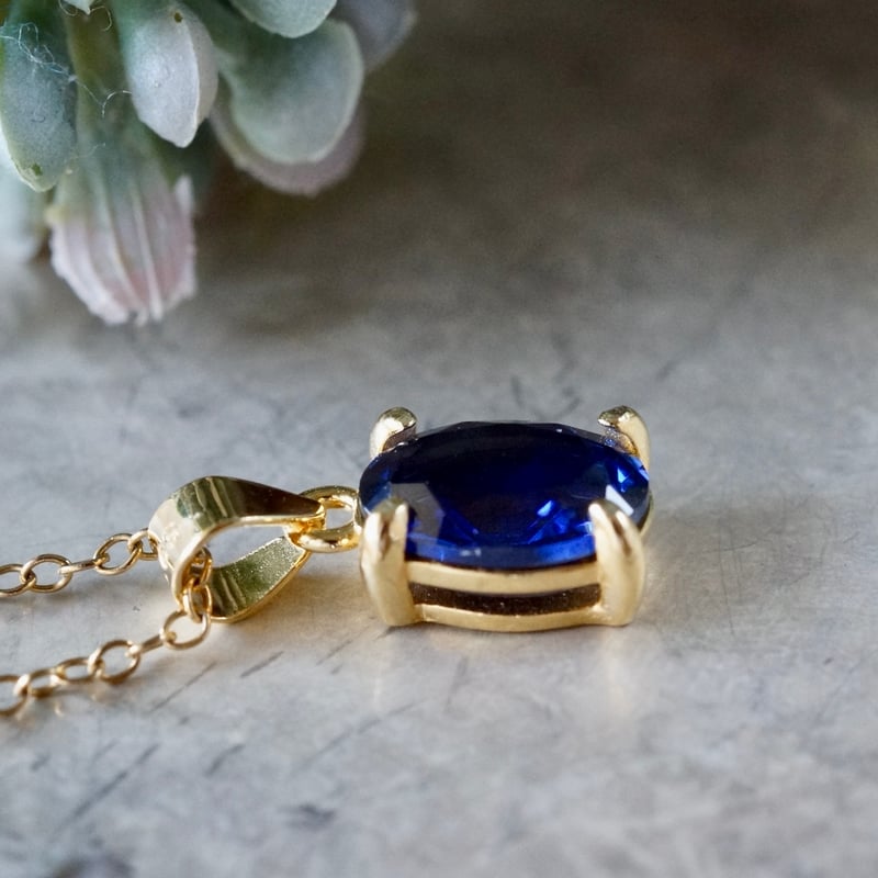 Handmade】ブルー 合成サファイア ペンダントトップ 18kゴールドプレー