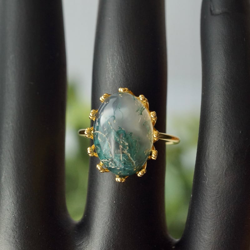 天然石リング、天然モスアゲート、シルバー925 指輪、植物モチーフ リング 受注制作】△モスアゲート 7号〜フリーサイズリング シルバー925