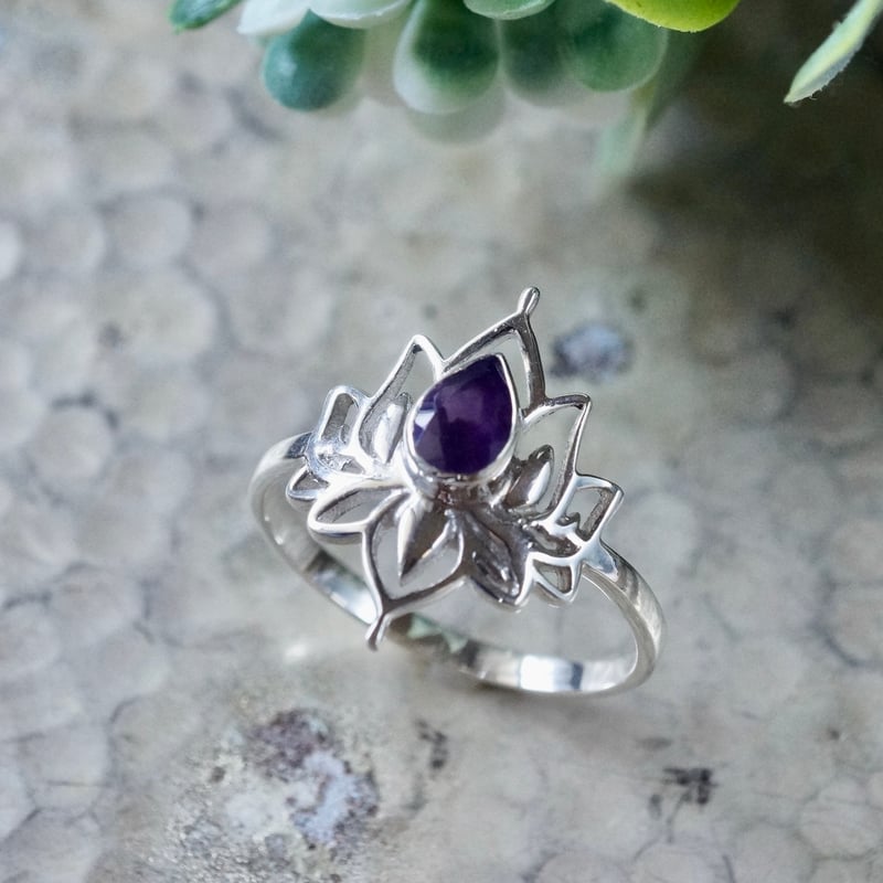 パープル アメジスト ロータスモチーフ リング シルバー925 約14.5号
