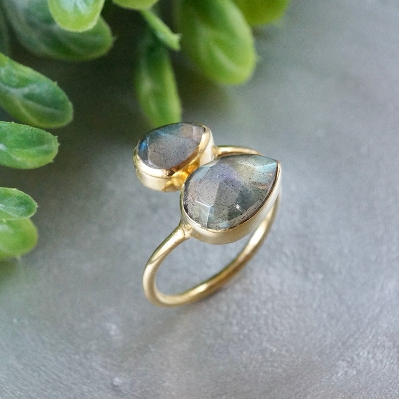 ラブラドライト ダブルしずくリング 18kゴールドプレーテッド シルバー