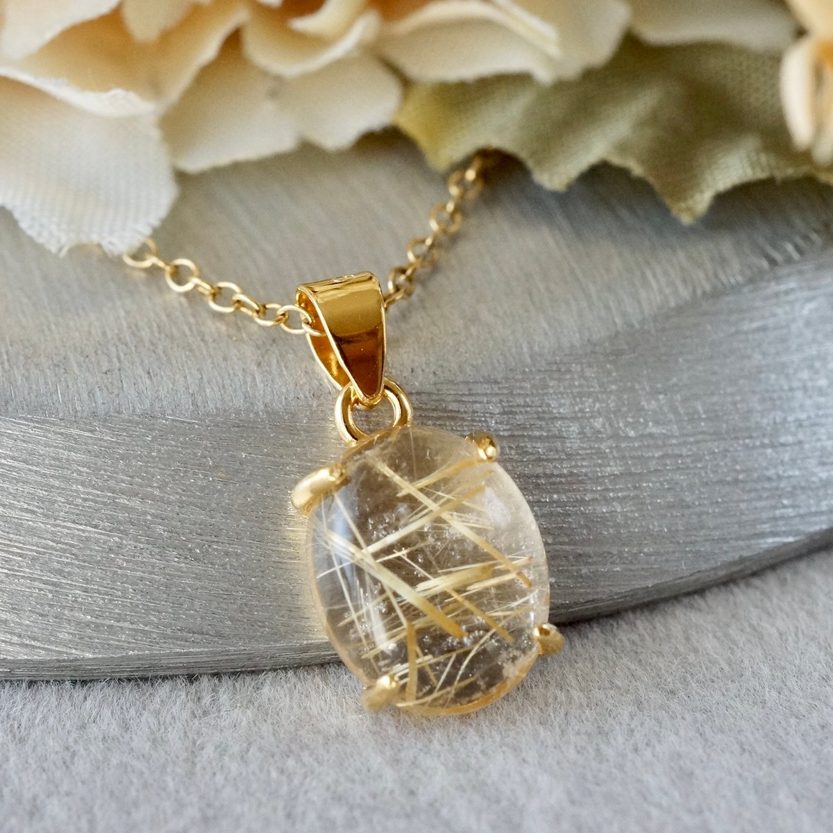 Handmade】ルチルクォーツ ペンダントトップ 18kゴールドプレーテド 