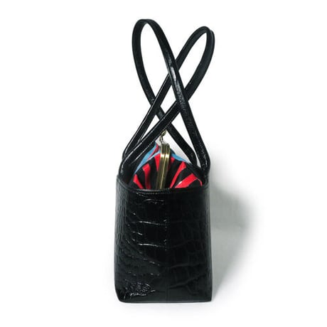 レザーがま口バッグ　クロコ型押しレザーブラック　ストライプ帯　4way　帯リメイクバッグ　和装バッグ