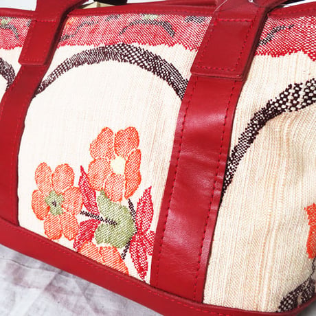 花柄帯地トートバッグ　レッドレザー　着物リメイク