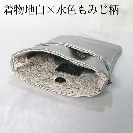 レザーサコッシュ　シルバー　着物地使用　スマホショルダー
