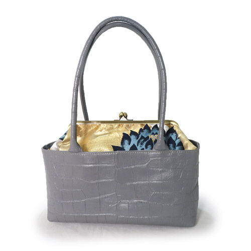 がま口トートバッグ 帯地リメイク ゴールドネイビー花帯 レザートート