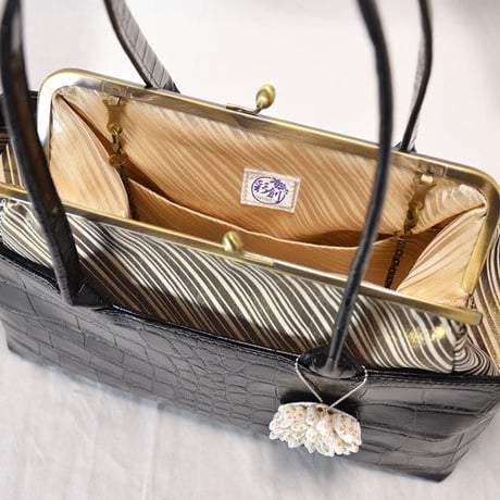 本革がま口バッグ　ゴールドストライプ帯　4way　帯リメイクバッグ