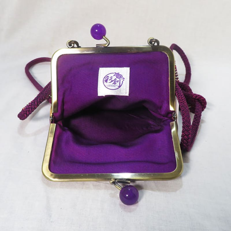 がま口サコッシュ 紫金市松模様帯 スマホショルダ | 和柄レザーバッグ