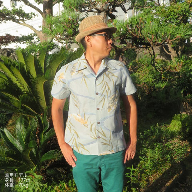 清涼浴衣メンズアロハシャツ_青地鯉柄 | 和柄レザーバッグ・着物アロハ