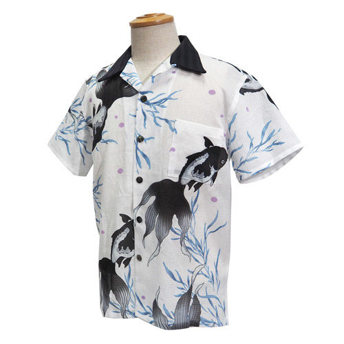 清涼浴衣メンズアロハシャツ_白地金魚（黒） | 和柄レザーバッグ・着物