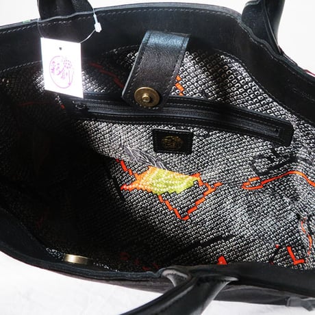 帯地トートバッグ　鳥と花帯　ブラックレザー