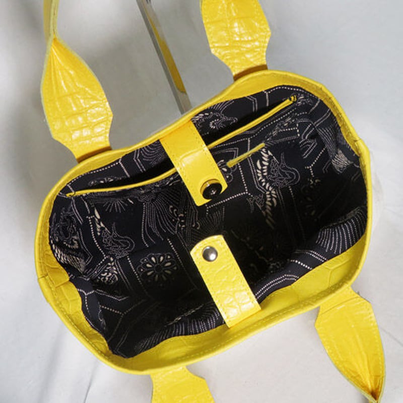 藍染×レザー帆布トートバッグ クロコ型押しレザー イエロー 着物