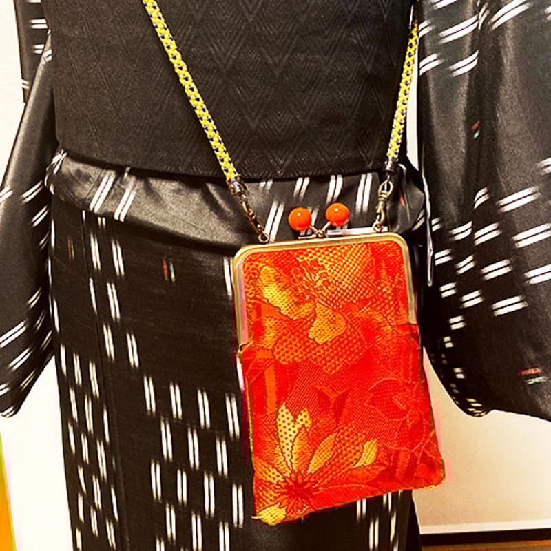 がま口サコッシュ オレンジ帯 スマホショルダー | 和柄レザー