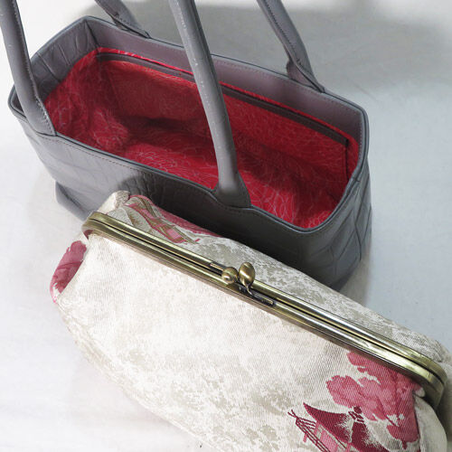 がま口トートバッグ 帯地リメイク グレークロコレザー×白銀楼閣山水帯