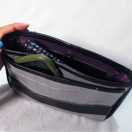 レザーツールバッグ　着付け師考案　２wayツールバッグ　着物リメイク　クロコ型押しレザー　グレー　バイカラー