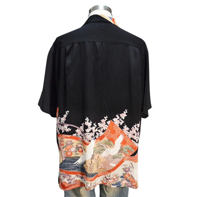 和柄着物アロハシャツL 和柄 京友禅アロハシャツ ＜荒磯丸文/紺＞ |