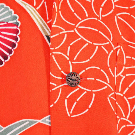 着物アロハシャツ　赤い丸菊