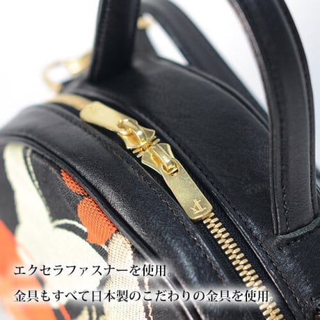 和柄レザーラウンドバッグ　蝶　帯リメイクバッグ　本革