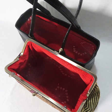 セミオーダー　がま口ハンドバッグ　4way　帯リメイク　和装バッグ　六角帯　クロコ型押しレザー　ブラック