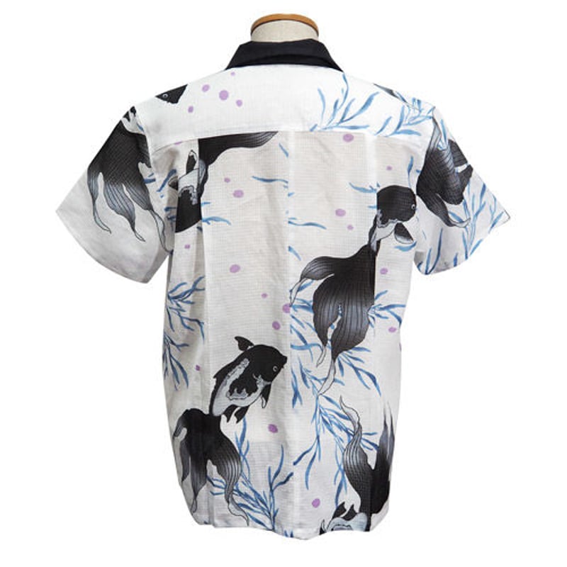 清涼浴衣メンズアロハシャツ_白地金魚（黒） | 和柄レザーバッグ・着物