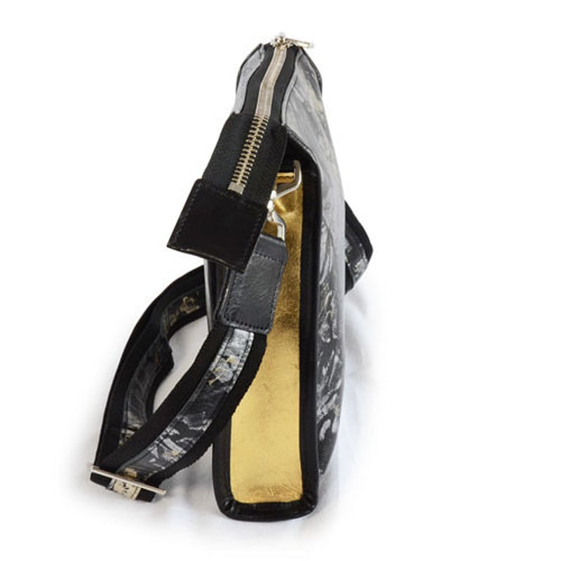 ゴールド スクエア 和装用バッグ レザースクエアショルダーバッグ 金銀箔 サイドラインゴールド | 和柄