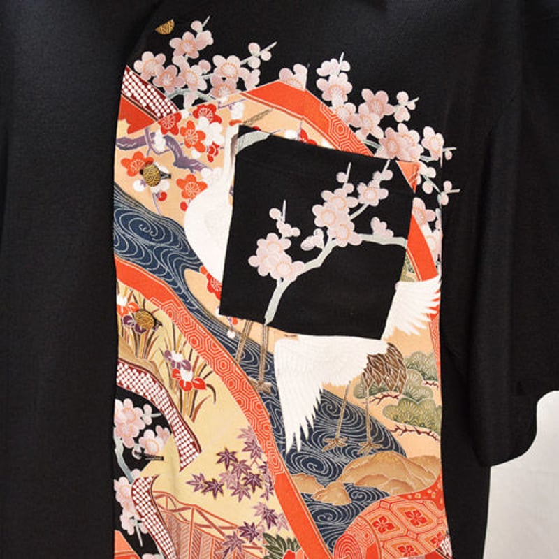 着物アロハシャツ_双鶴と桜留袖 大きいサイズ | 和柄レザー