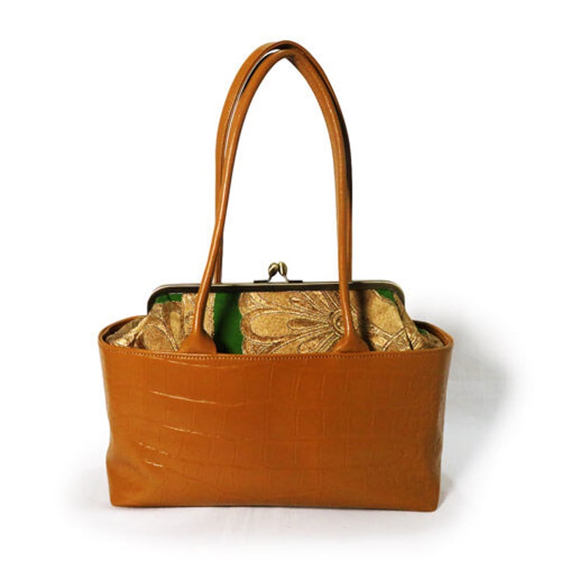 レザーがま口バッグ 和装バッグ 菊文様帯 クロコ型押しレザーキャメル  