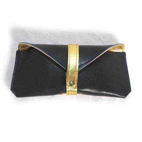 裏表レザー仕様！レザーメガネケース　ネイビー＆ゴールド（名入れ刻印無料）
