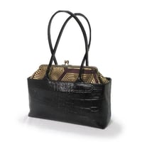 セミオーダー　がま口ハンドバッグ　4way　帯リメイク　和装バッグ　六角帯　クロコ型押しレザー　ブラック