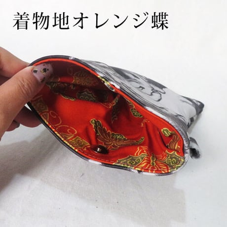 レザーサコッシュ　墨流し　着物地使用　スマホショルダー